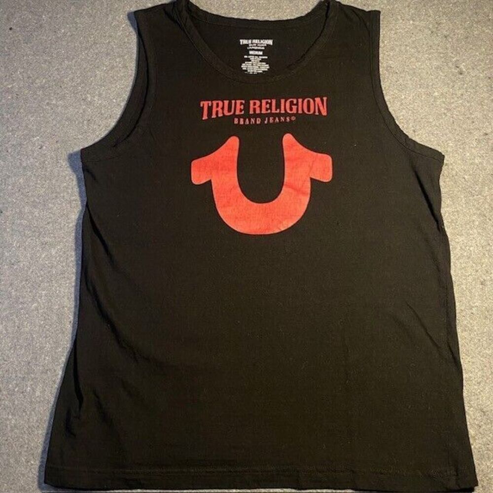 TRUE RELIGION Loungewear Tank Top Men's Horseshoe RED Logo MEDIUM BLACK‎ muscle